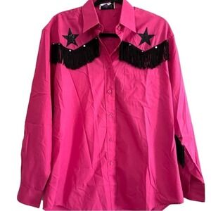 Vintage Las Olas Barbie Pink Fringe Rhinestone Star
Button-Down Shirt - Medium